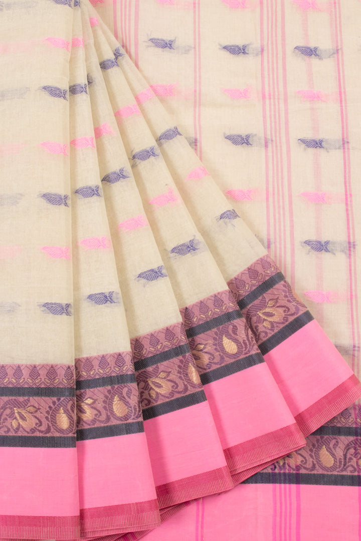 Cream Handwoven Bengal Tant Cotton Saree with Floral Motifs, Paisley Floral Border, Floral Stripes Design Pallu and without Blouse
