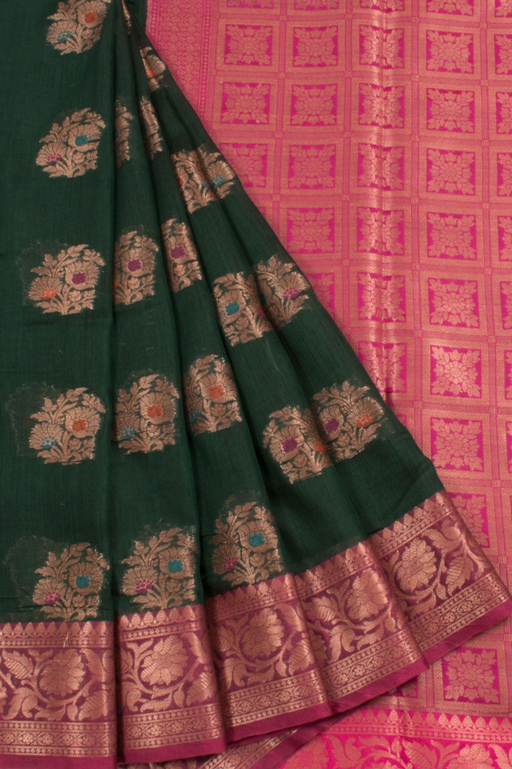 Banarasi Cotton Saree with Meenakari Floral Motifs, Jangla Border and Brocade Blouse