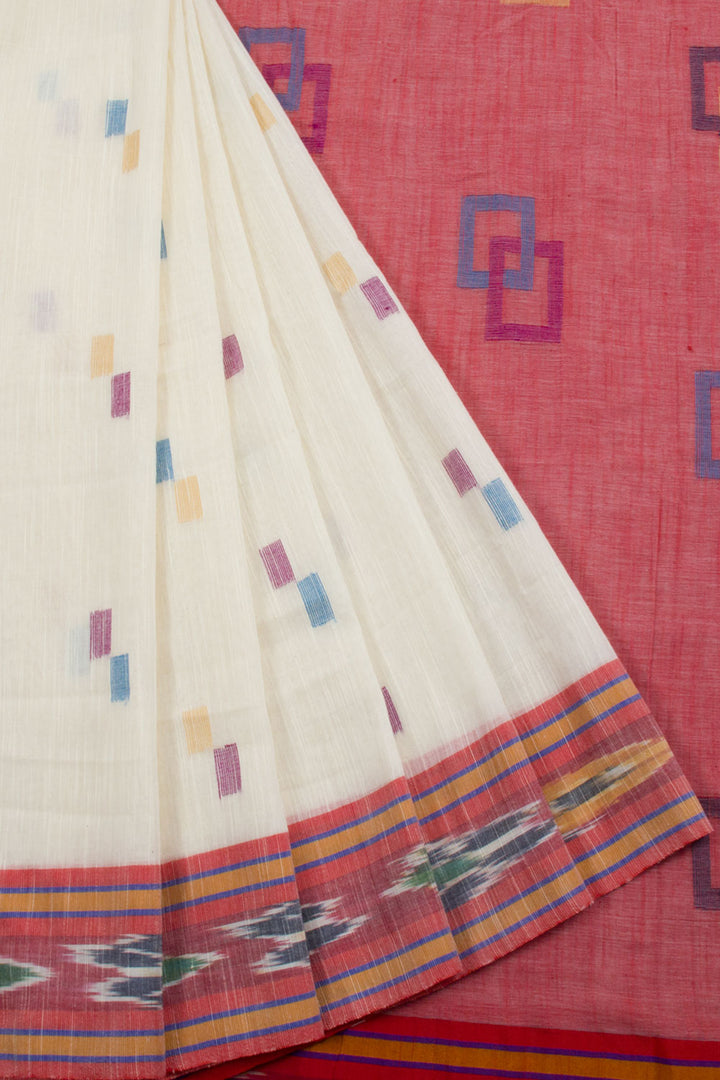 Handloom Bengal Cotton Saree with Geometric Motifs, Ikat Border and Geometric Design Pallu 