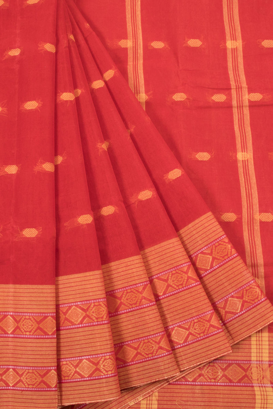 Red Handwoven Bengal Tant Cotton Saree with Geometric Motifs, Geometric Design and Stripes Border, Stripes Design Pallu and without Blouse