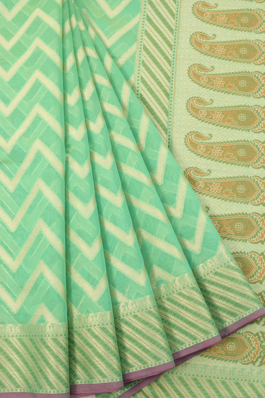 Chevron Design Banarasi Cotton Saree with Paisley Motifs Pallu