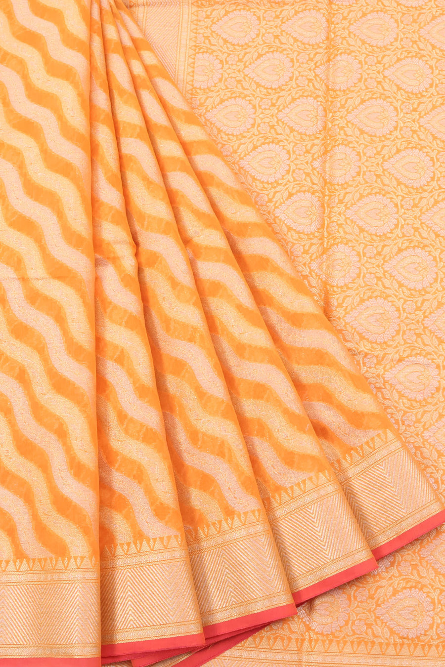 Banarasi Cotton Saree with Diagonal Jaal Design and Chevron Border 