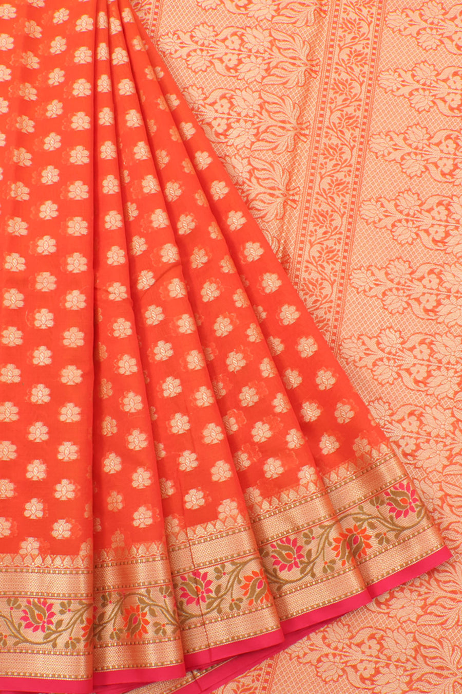 Banarasi Cotton Saree with Floral Motifs Design and Brocade Blouse