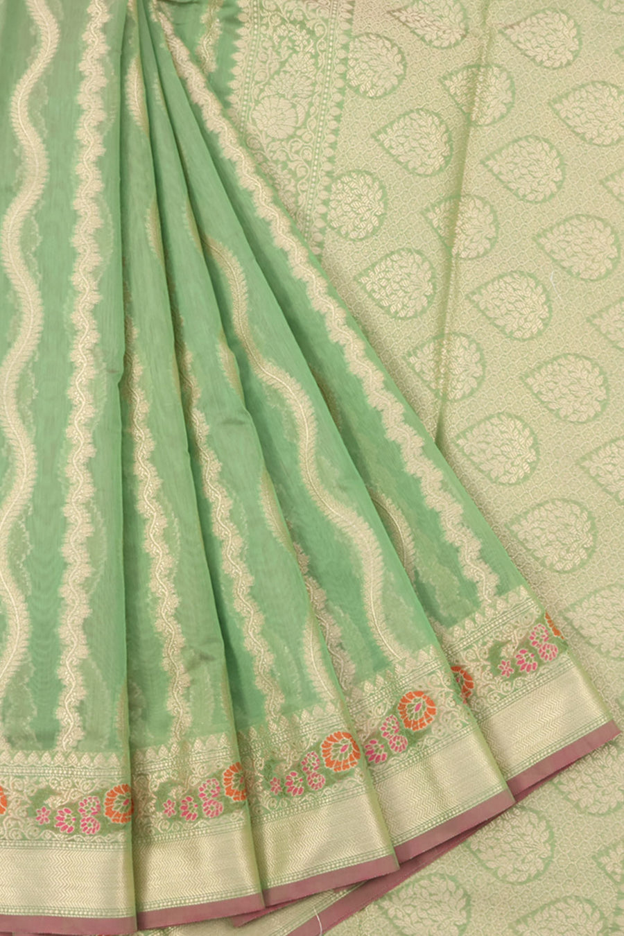Banarasi Cotton Saree with Floral Motifs Design and Meenakari Jangla Border