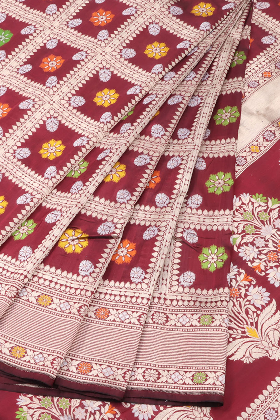 Check Design Banarasi Silk Saree with Floral Motifs