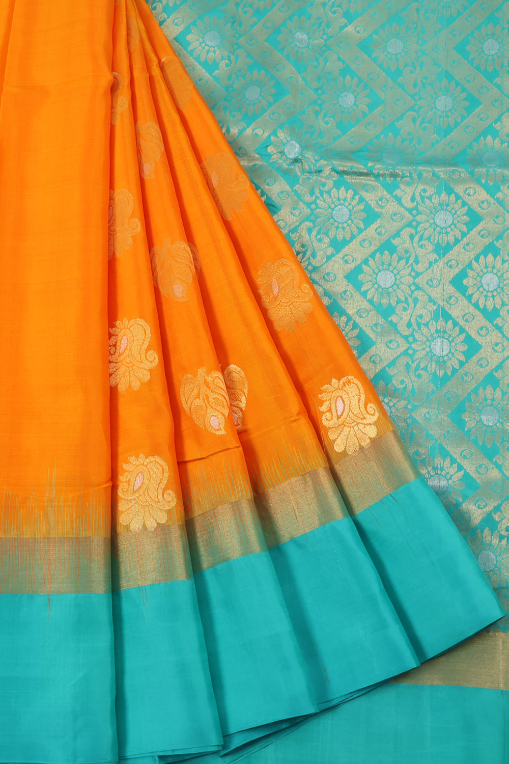 Salem Soft Silk Saree with Meenakari Floral Motifs Design and Chevron Design Contrast Pallu
