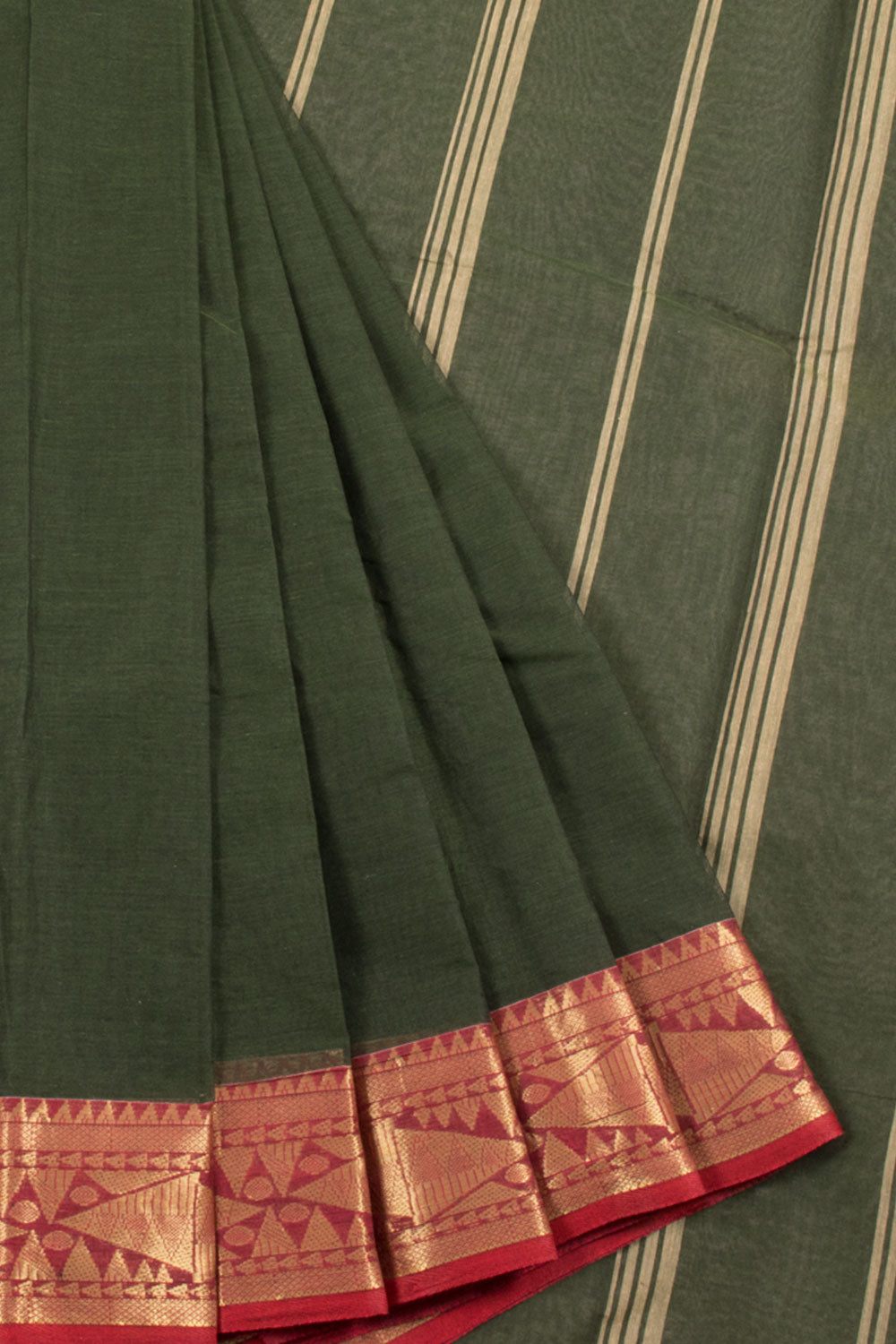 Green Handwoven Bengal Tant Cotton Saree with Geometric Border, Stripes Design Pallu and without Blouse 
