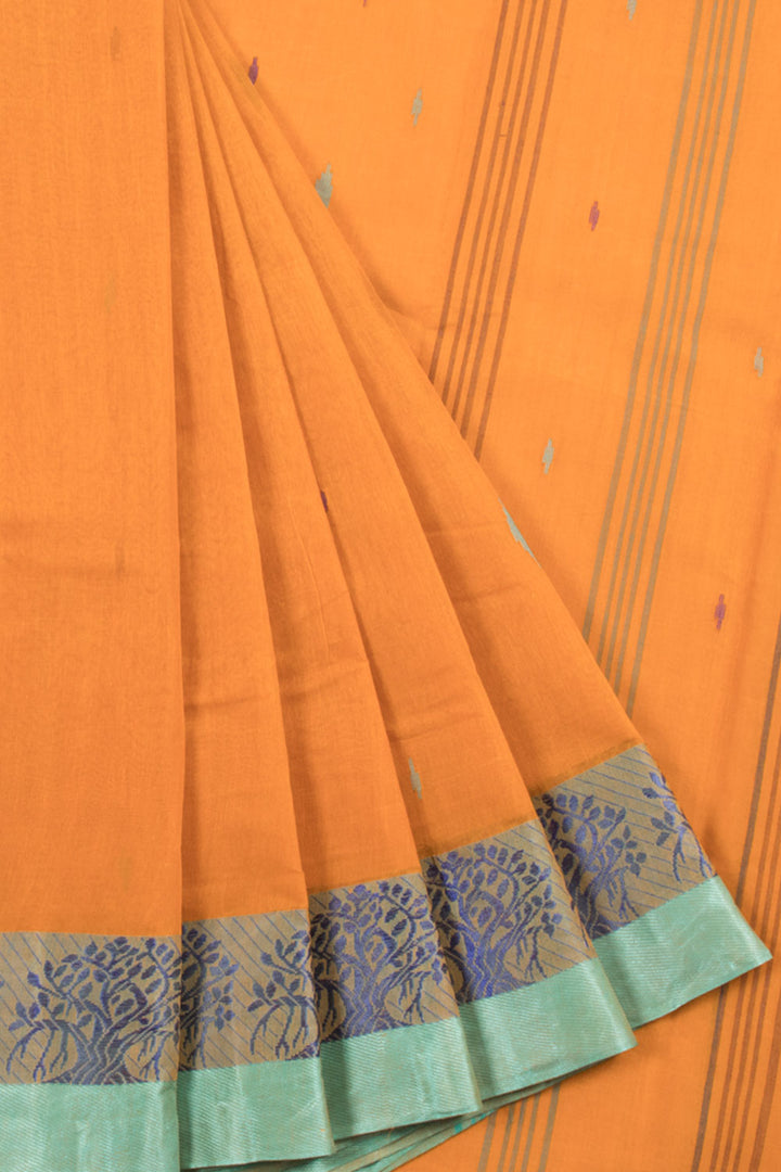 Orange Handwoven Bengal Tant Cotton Saree with Geometric Motifs, Floral Border, Stripes Design Pallu and without Blouse