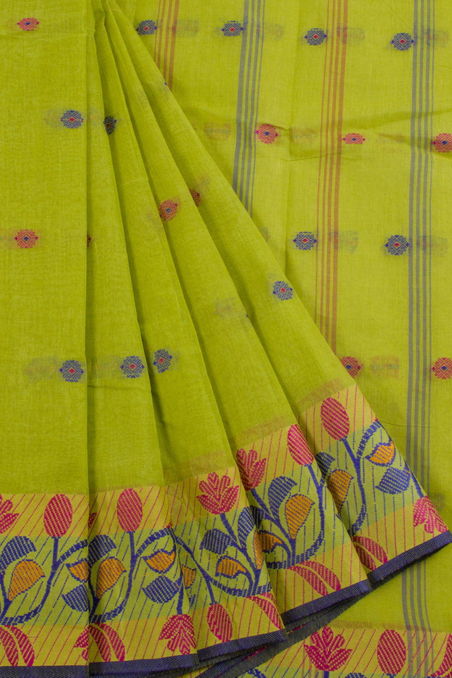 Handloom Tant Cotton Saree with Rudhraksham Motifs and Floral Border