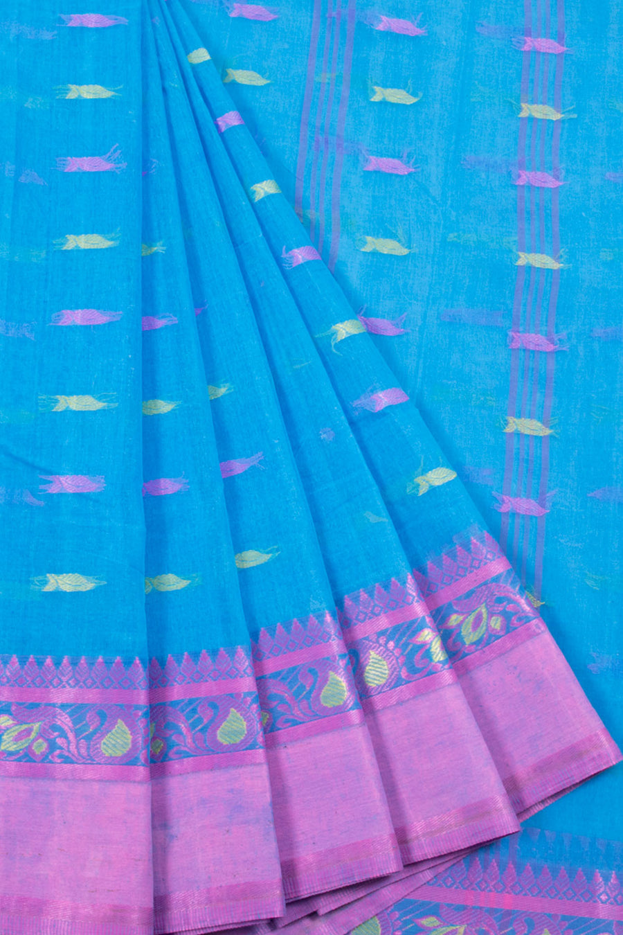 Blue Handwoven Bengal Tant Cotton Saree with Floral Motifs, Floral Paisley Border and Floral Stripes Design Pallu and without Blouse