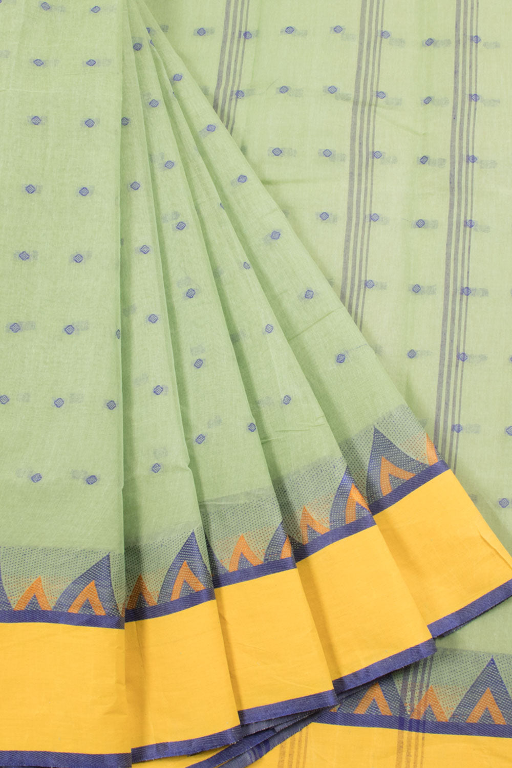 Pastel green Handwoven Bengal Tant Cotton Saree with Geometric Motifs, Stripes Design Pallu and without Blouse