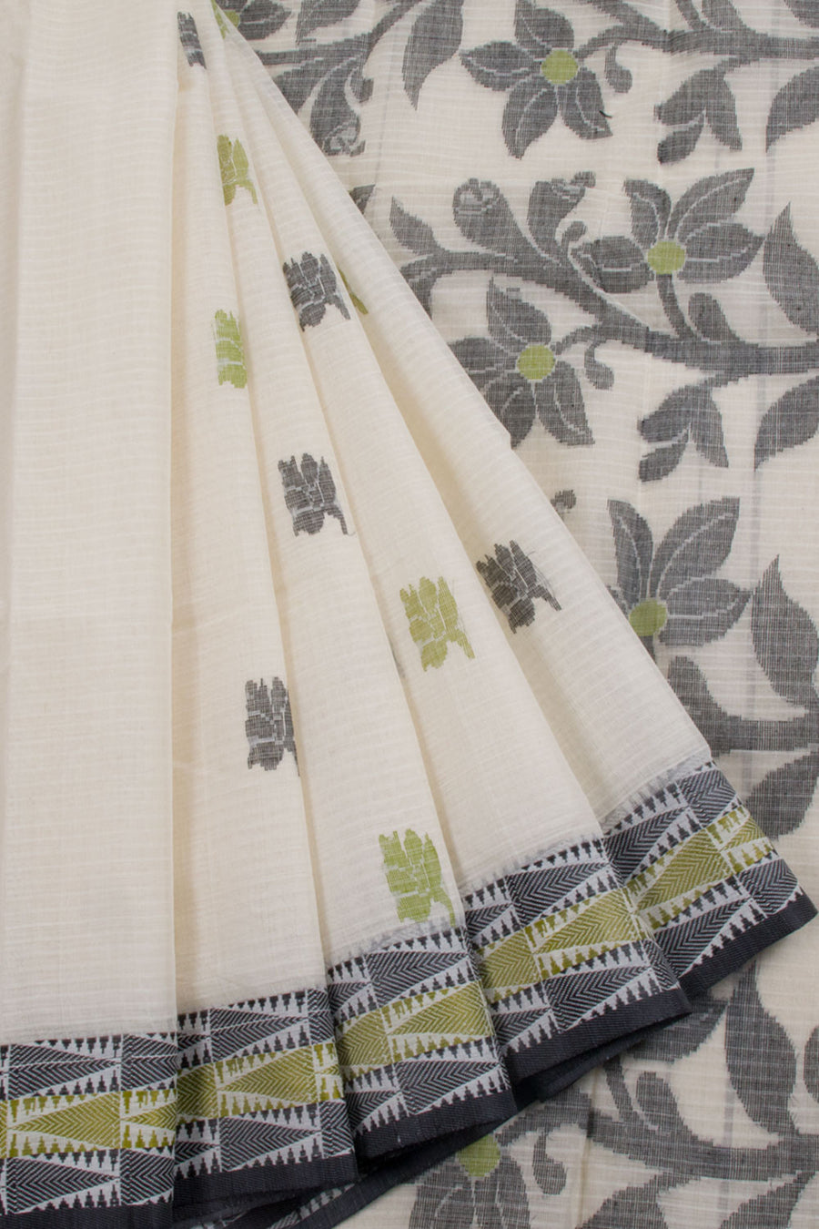 Handwoven Bengal Tant Cotton Saree with Floral Motifs and Floral stripes Design Pallu