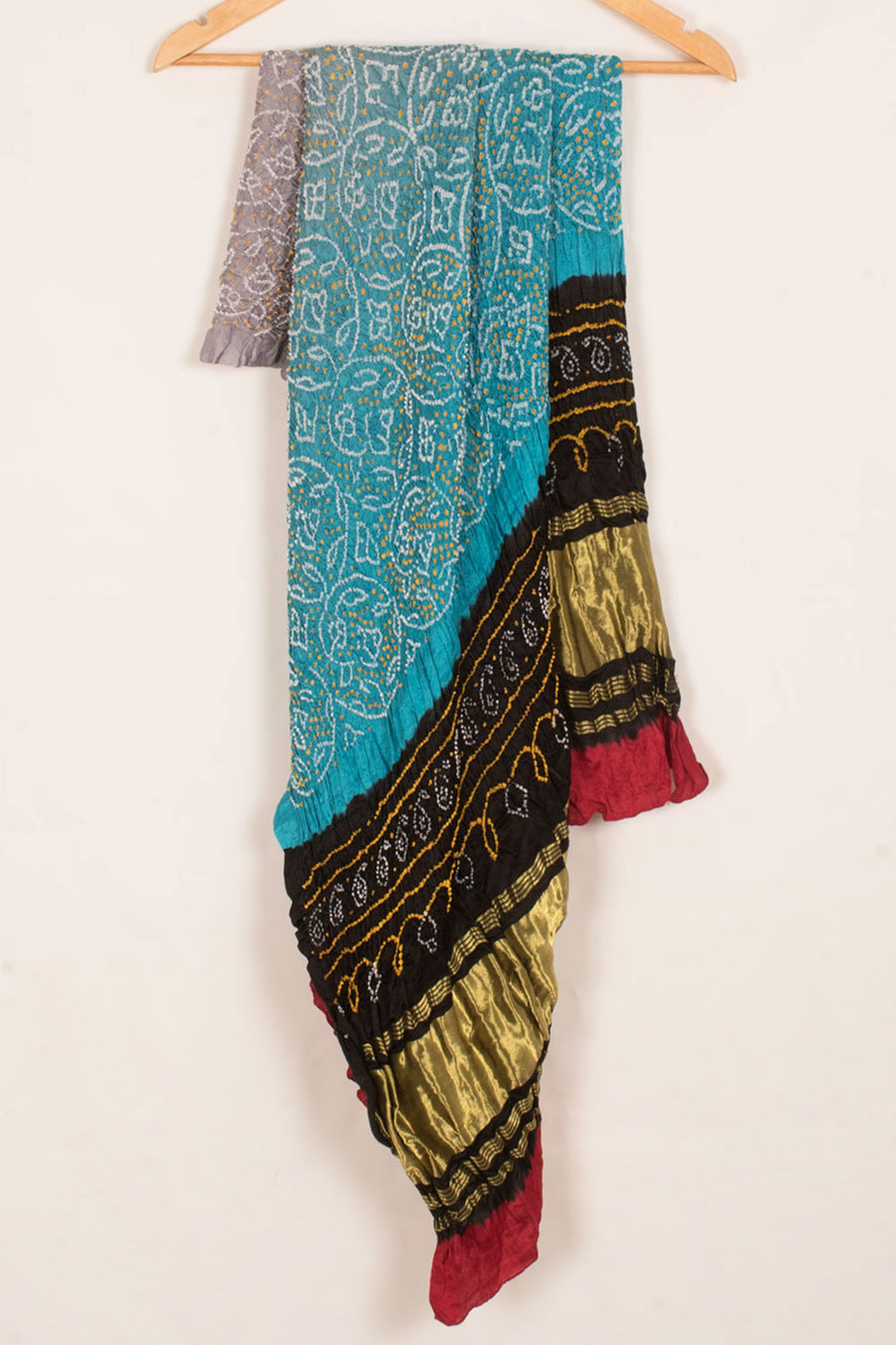 Handcrafted Bandhani Ombre Dyed Gajji Silk Dupatta with Lagdi Patta Shikari Design