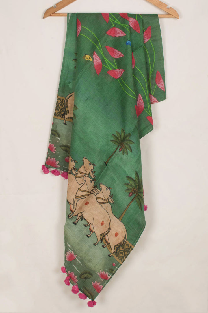 Pichwai Printed Tussar Linen Dupatta with Herd of Cows and Floral Design 