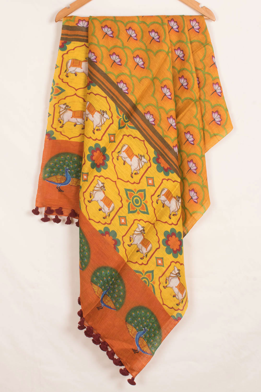 Pichwai Printed Tussar Linen Dupatta with Motif of Cows, Peacock and Floral Design