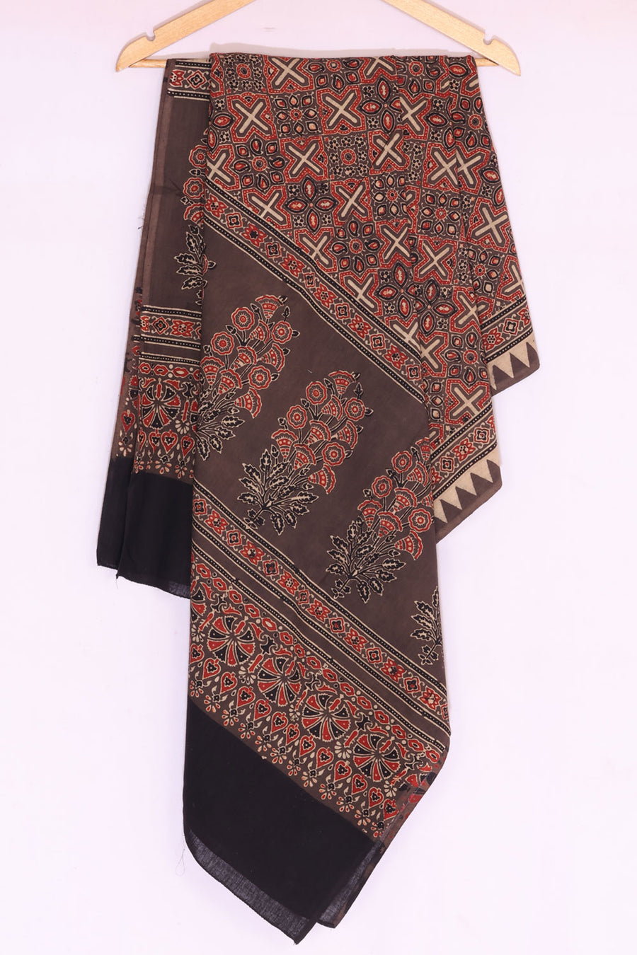 Hand Block Printed Ajrakh Dupatta In Cotton Silk with Floral and Leaf Motifs Design