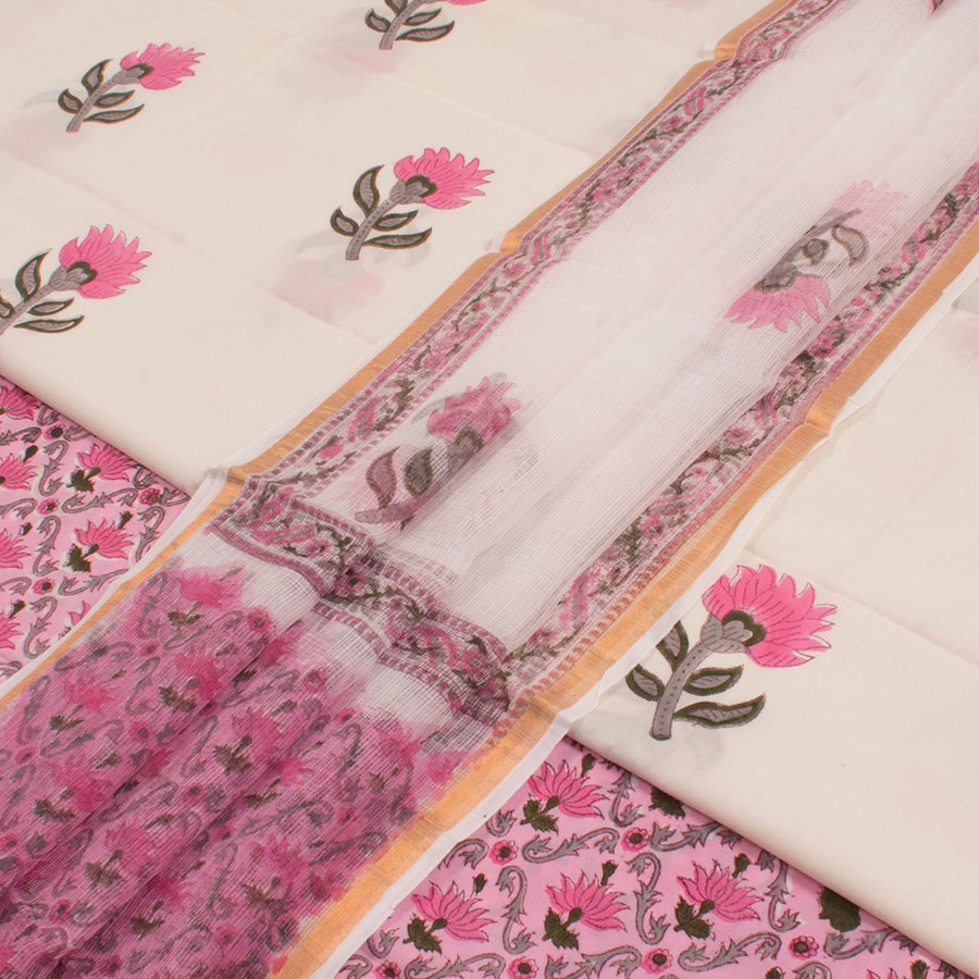 Hand Block Printed Cotton 3-Piece Salwar Suit Material with Kota Dupatta