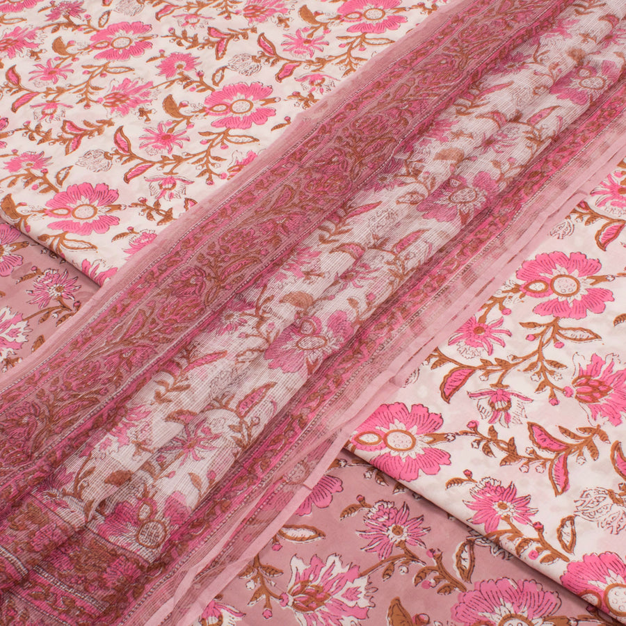 Hand Block Printed Cotton 3-Piece Salwar Suit Material with Kota Dupatta 