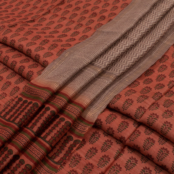 Hand Block Printed Tussar Silk 2-Piece Salwar Suit Material with Zigzag Design Dupatta