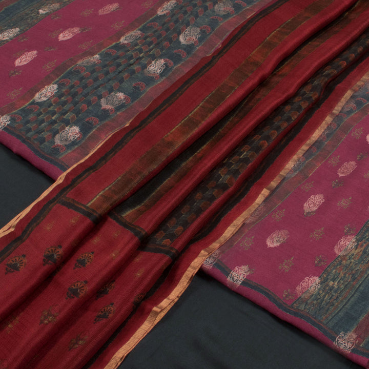 Screen Printed Muga Silk Semi-Stitched Salwar Suit Material with Zari Motifs and Kota Silk Dupatta