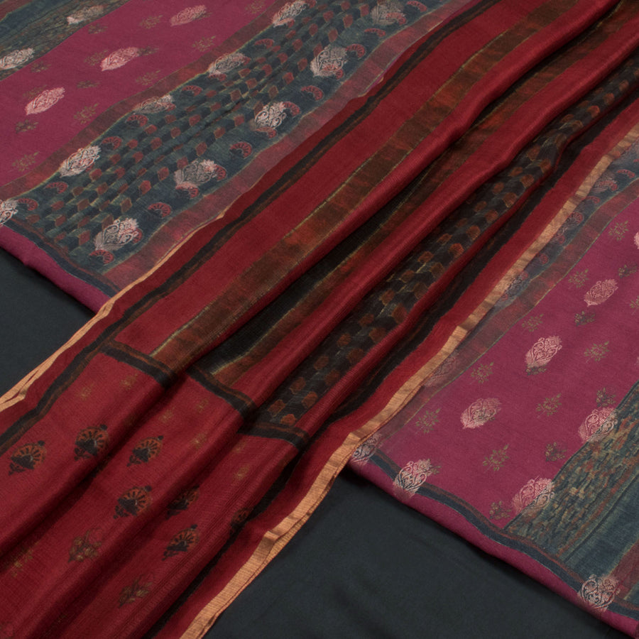 Screen Printed Muga Silk Semi-Stitched Salwar Suit Material with Zari Motifs and Kota Silk Dupatta