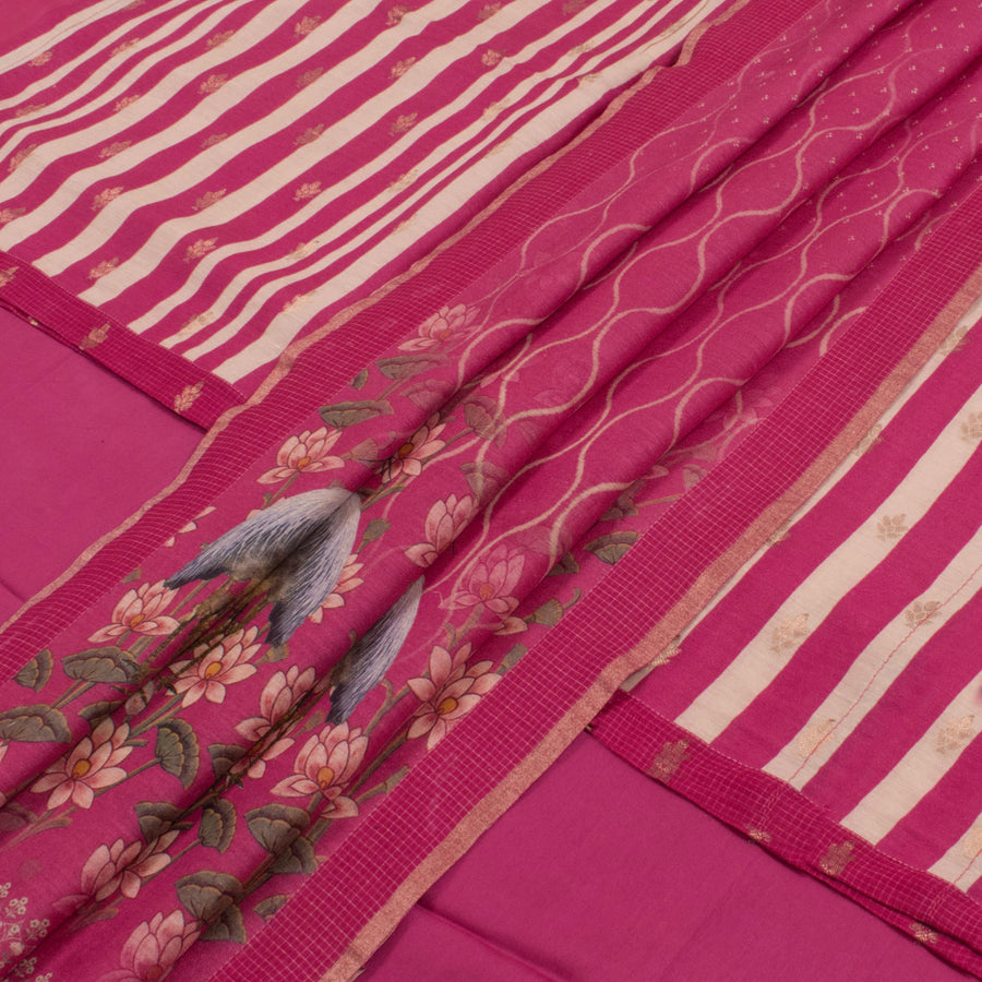 Screen Printed Muga Silk Semi-Stitched Salwar Suit Material with Zari Motifs