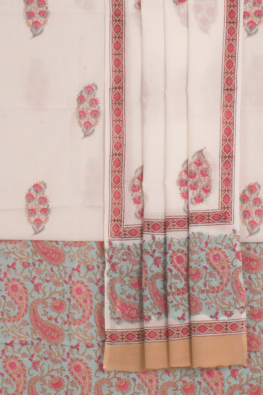 Hand Block Printed Mulmul Cotton 3-Piece Salwar Suit Material with Chanderi Dupatta