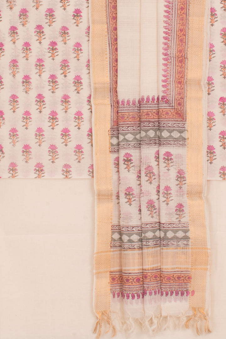 Hand Block Printed Mangalgiri Cotton 3-Piece Salwar Suit Material with Zari Border