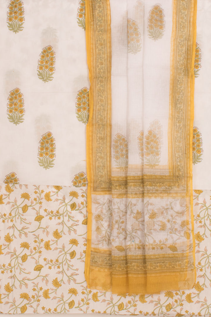 Hand Block Printed Cotton 3-Piece Salwar Suit Material with Kota Dupatta 