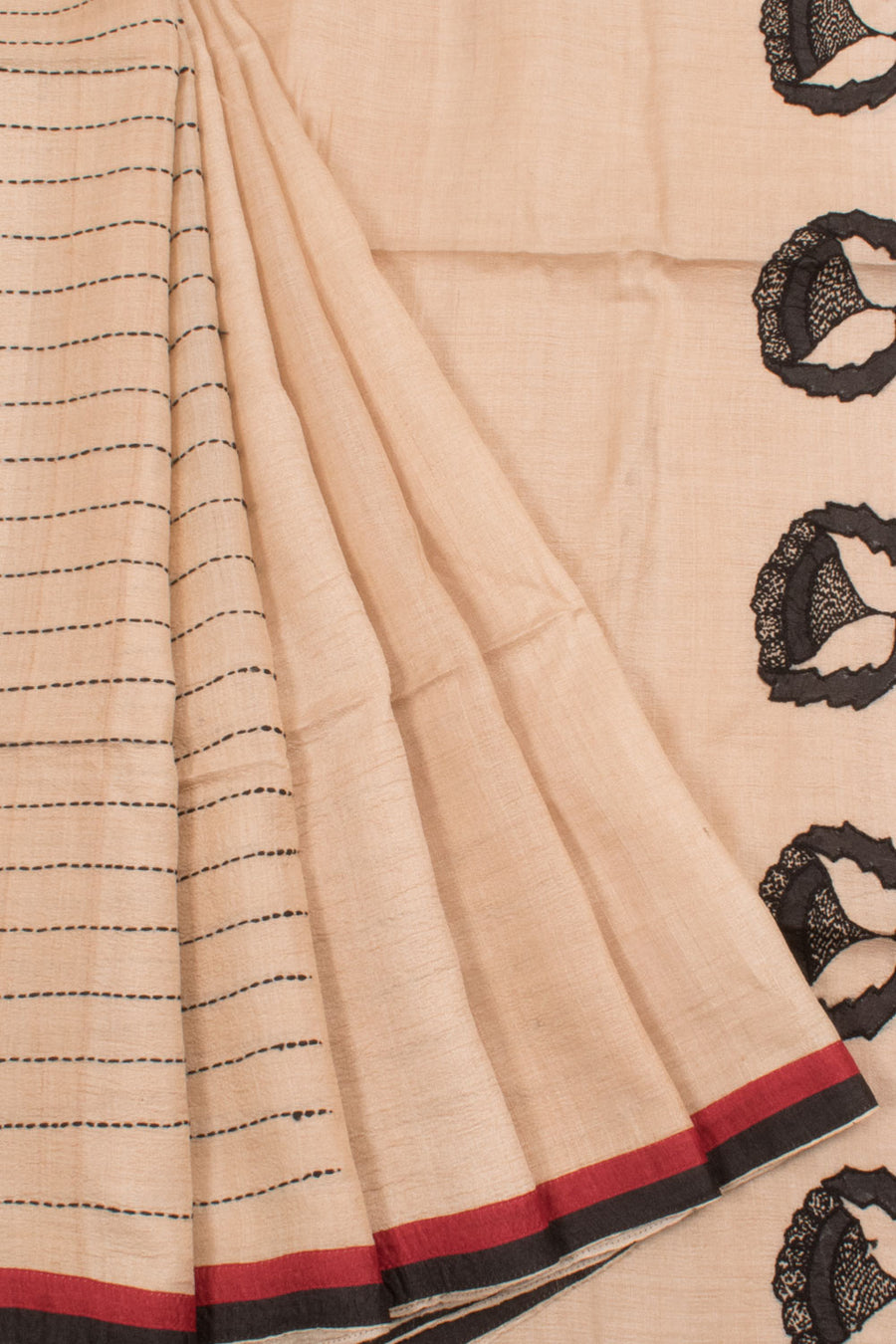 Hand Embroidered Half and Half Tussar Silk Saree with Stripes and Applique, Sujini Embroidered Pallu