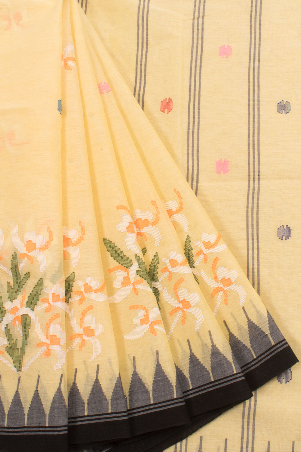 Handloom Jamdani Cotton Saree with Floral Motifs and Temple Border