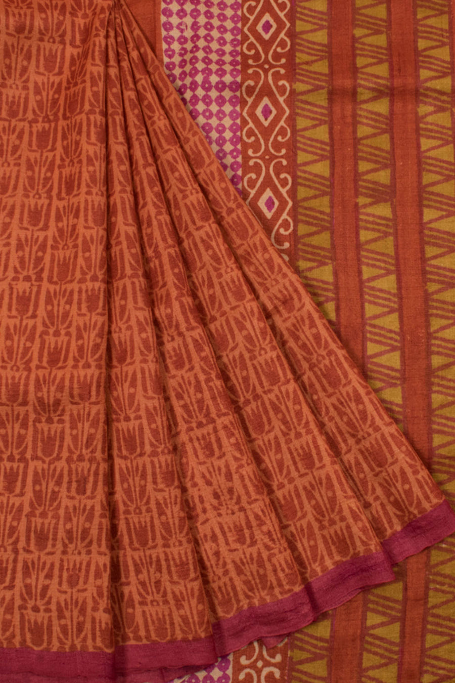 Hand Block Printed Tussar Silk Saree with Floral, Geometric Design
