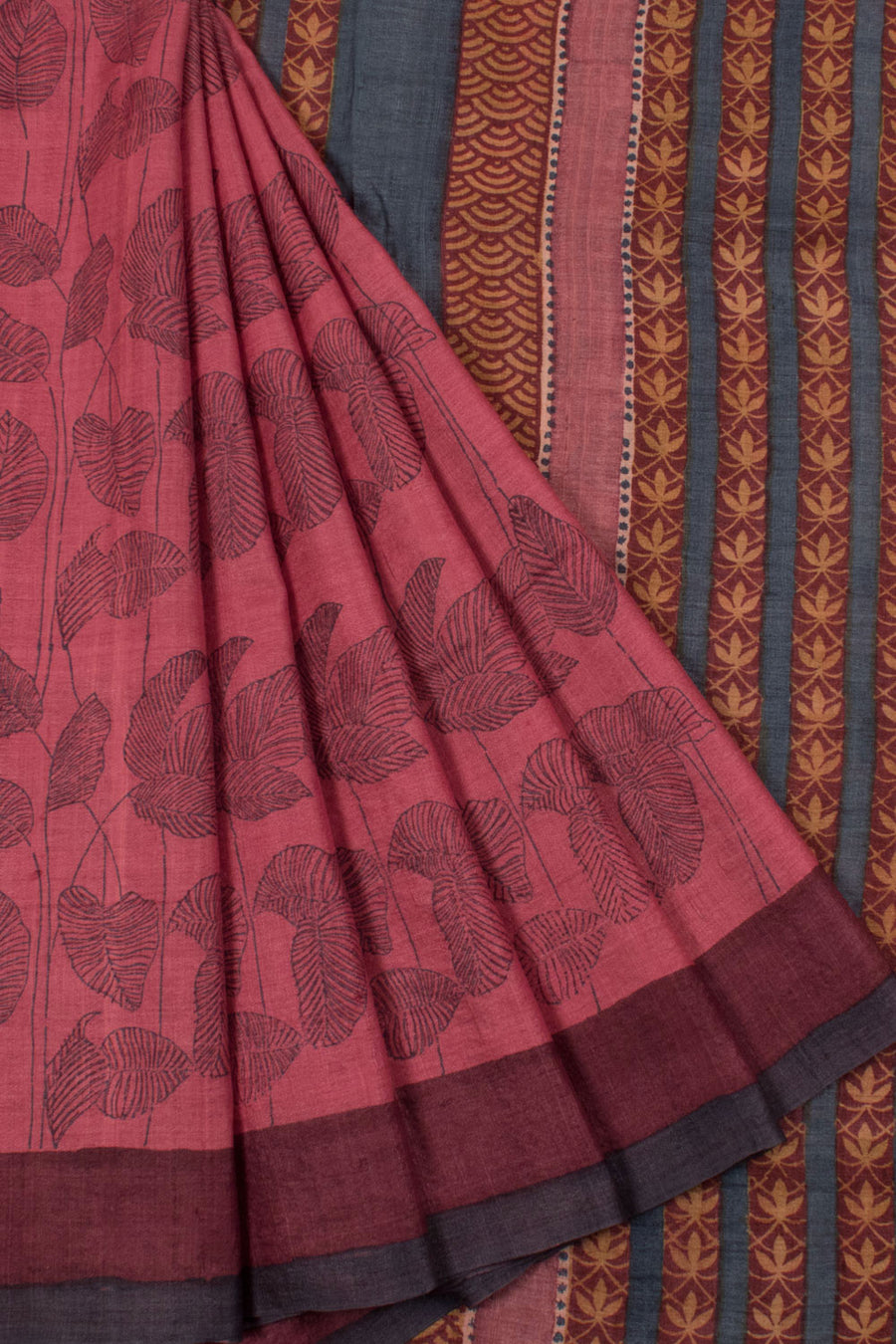 Hand Block Printed Tussar Silk Saree with Allover Leaf Design