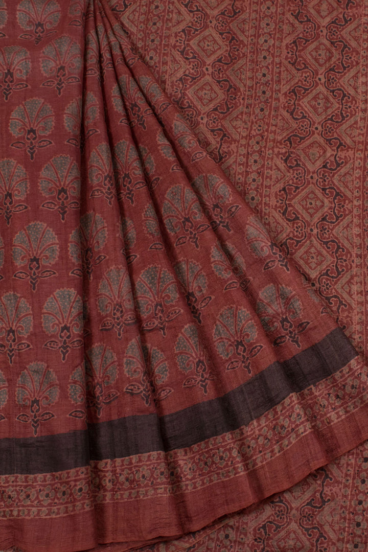 Ajrakh Printed Tussar Silk Saree with Floral Motifs