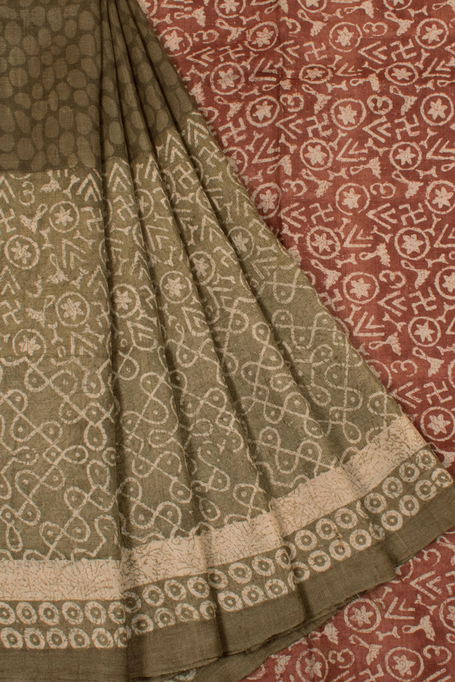 Hand Block Printed Tussar Silk Saree with Kolam Design 