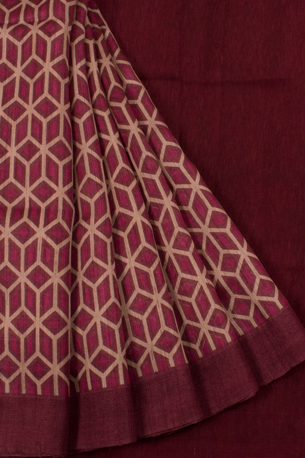 Hand Block Printed Tussar Silk Saree with Geometric Design