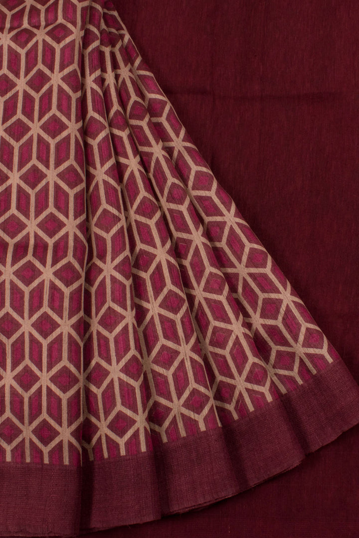 Hand Block Printed Tussar Silk Saree with Geometric Design