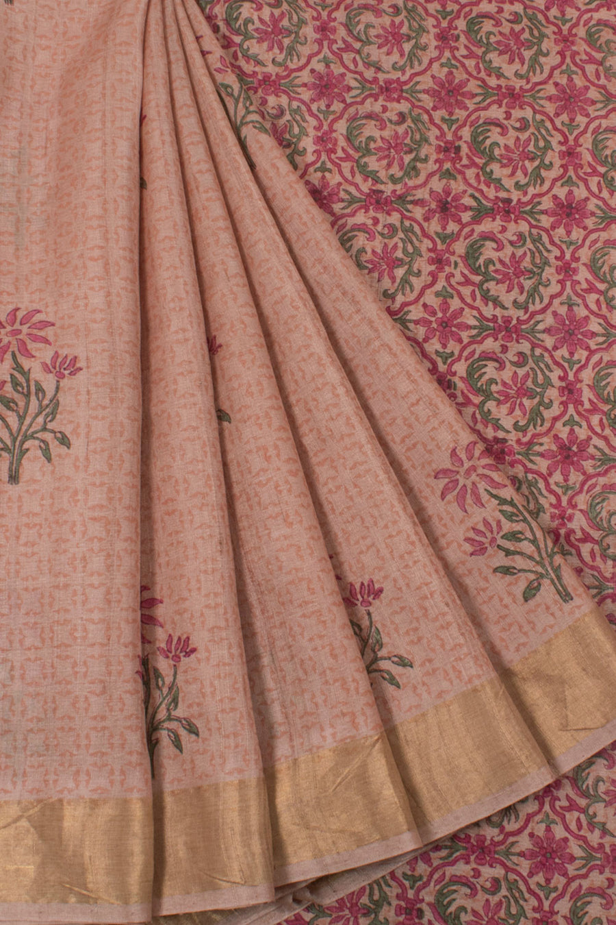 Hand Block Printed Tussar Silk Saree with Floral Motifs and Zari Border