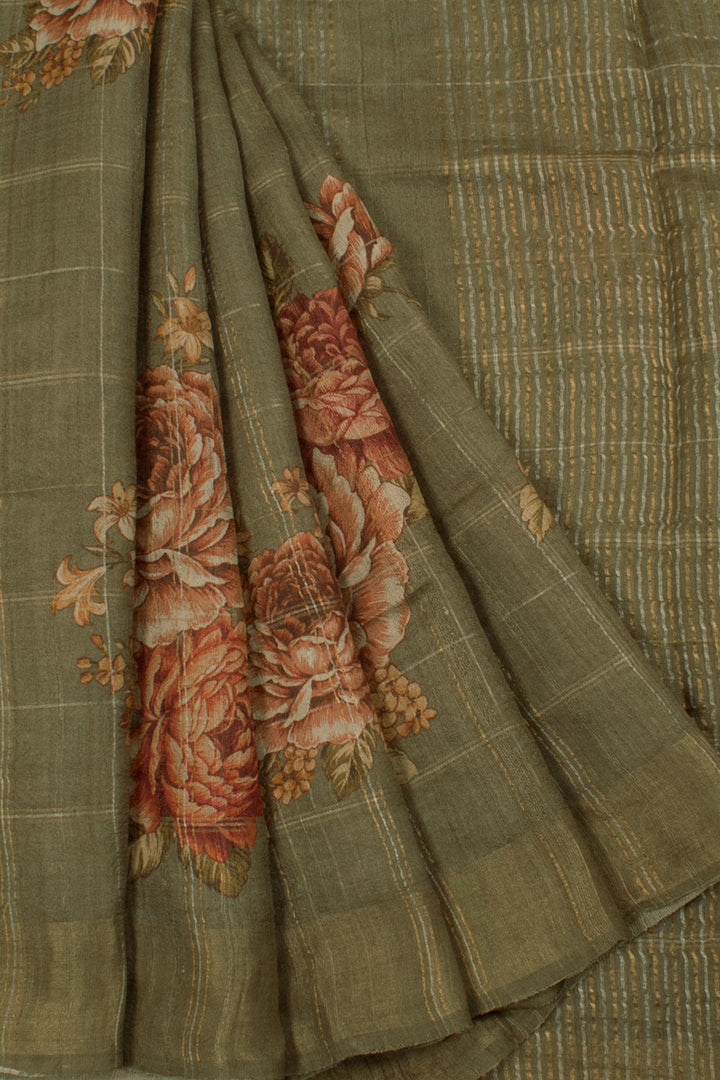 Digital Printed Tussar Silk Saree with Floral Design and Zari Checks 