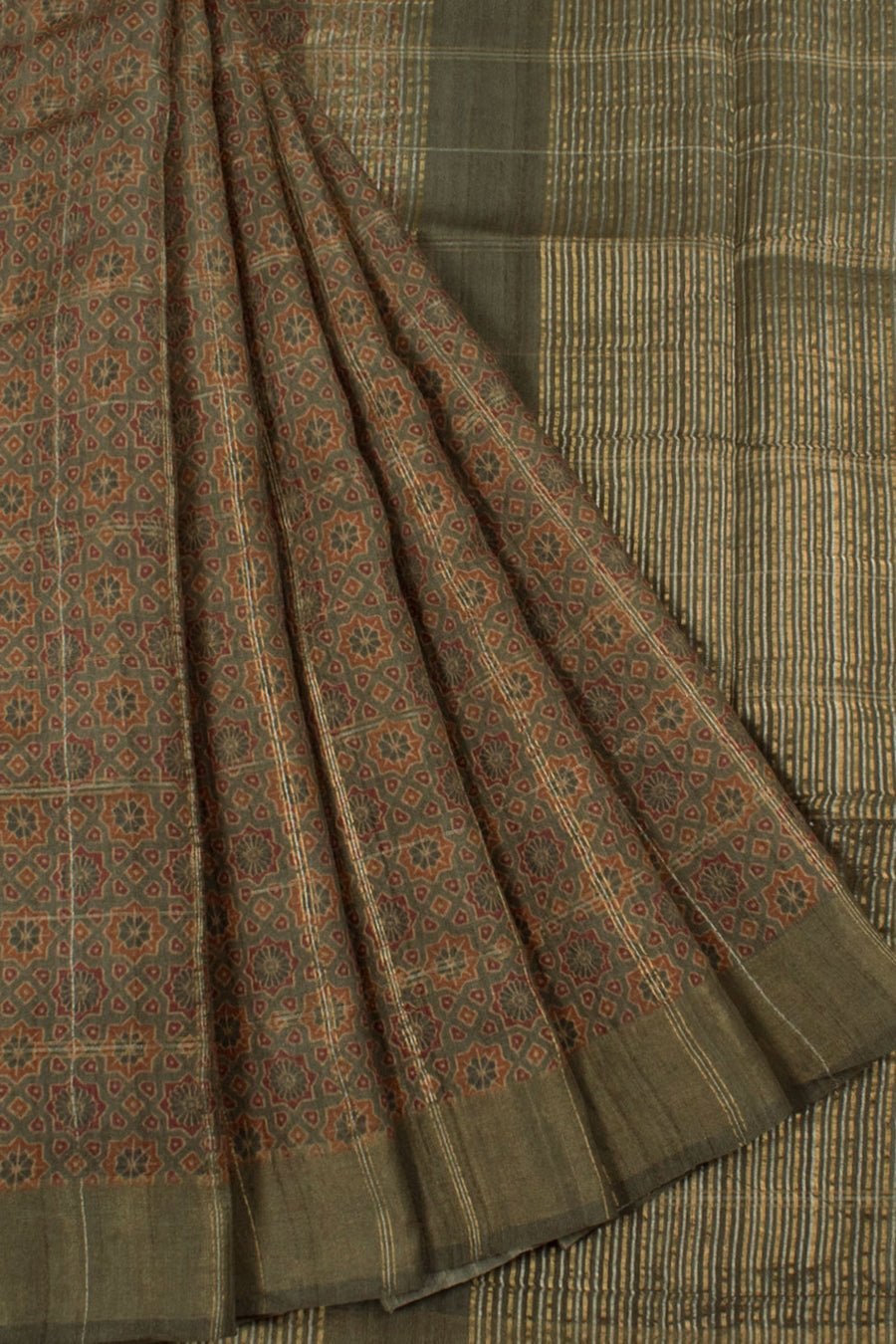 Digital Printed Tussar Silk Saree with Geometric Design and Zari Stripes