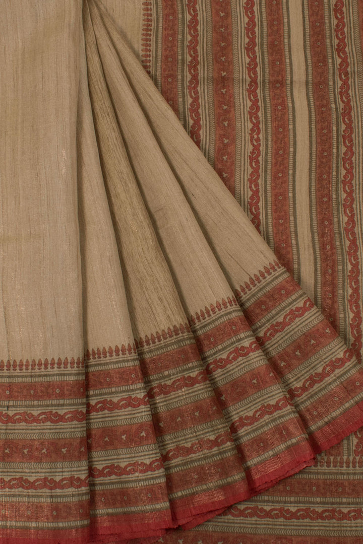 Hand Block Printed Tissue Tussar Silk Saree with Floral Border and Pallu