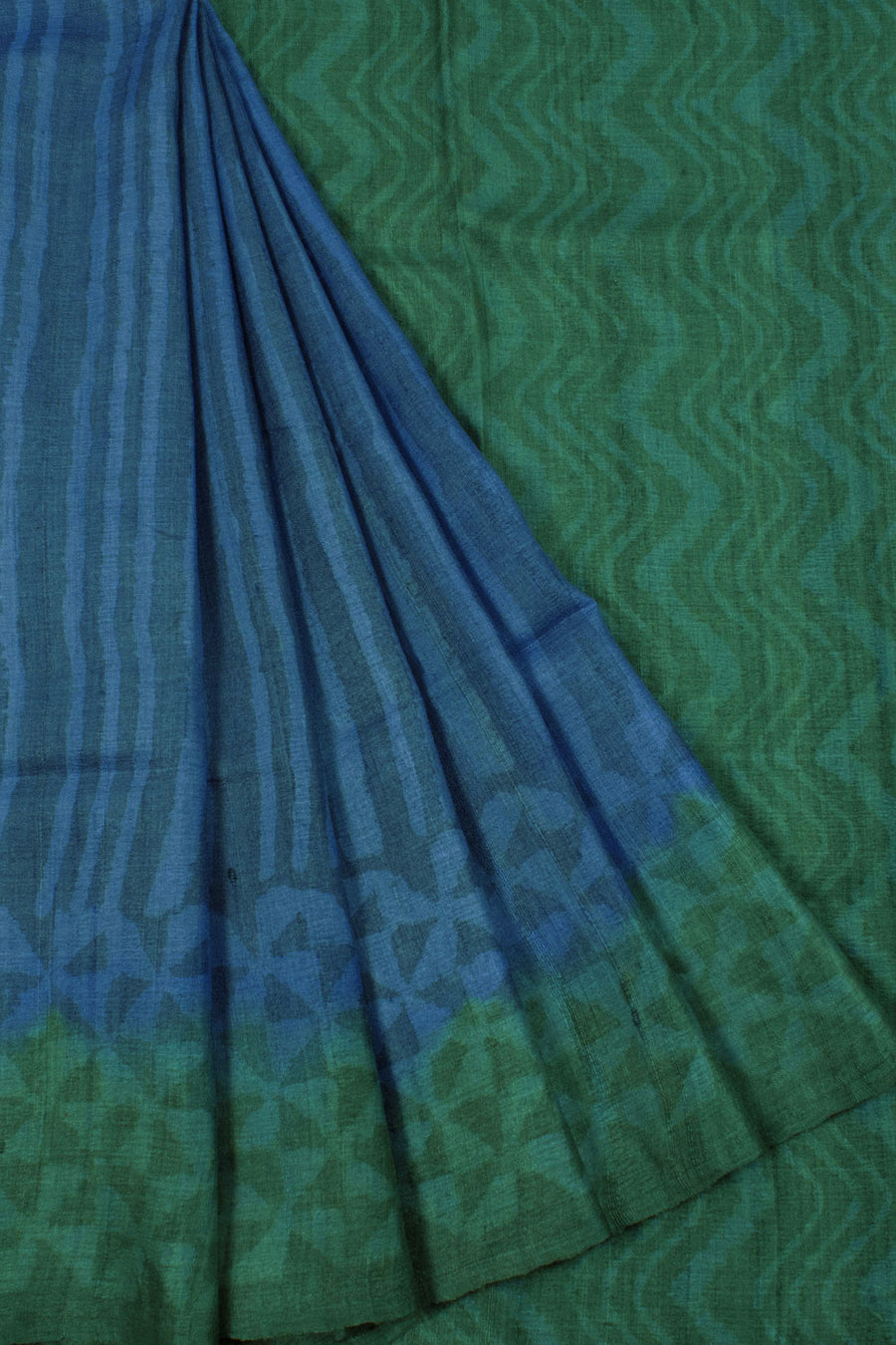Hand Block Printed Tussar Silk Saree with Stripes Design and Geometric Border