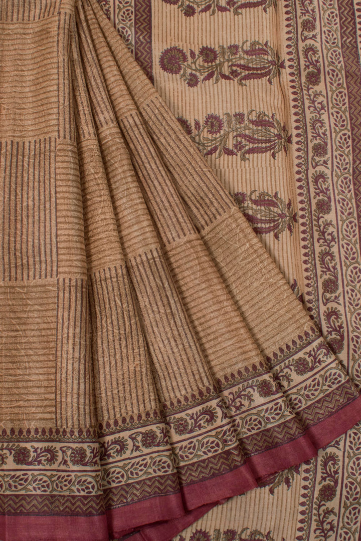 Hand Block Printed Tussar Silk Saree with Geometric Design and Floral Pallu
