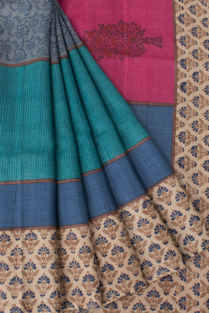 Hand Block Printed Tussar Silk Saree with Floral, Stripes Design