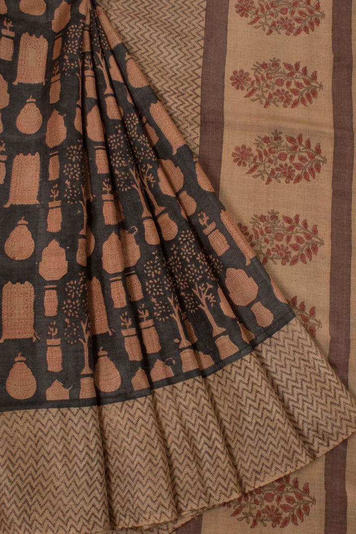 Hand Block Printed Tussar Silk Saree with Terracotta Motifs and Zigzag Border