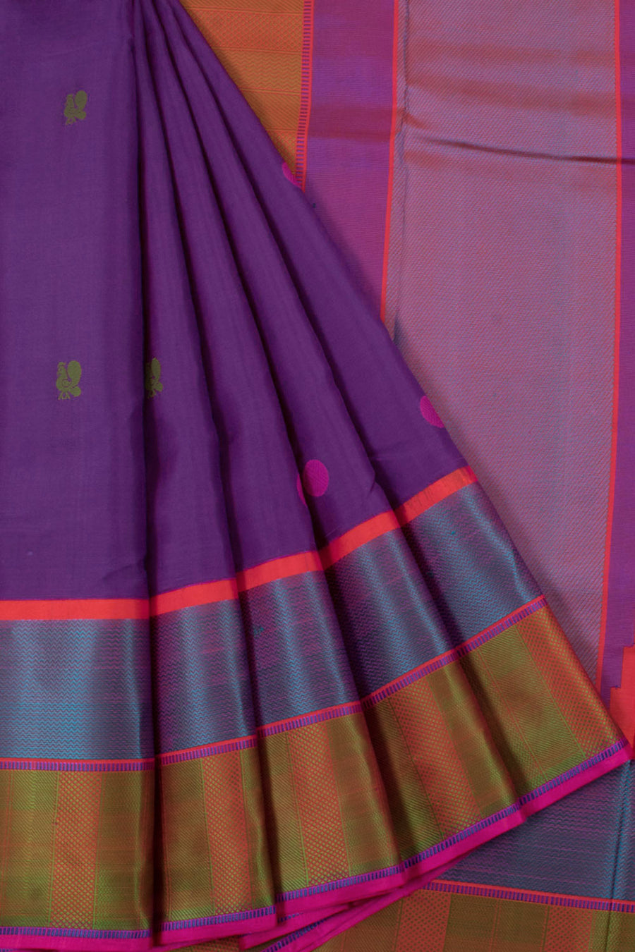 Handloom Threadwork Kanjivaram Pure Silk Saree with Peacock, Rudhraksham Motifs and Vanki Border