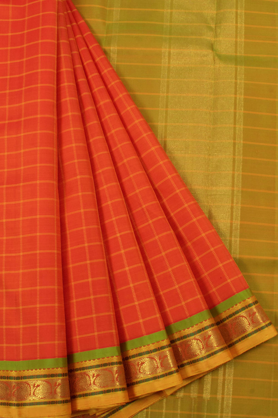 Handloom Pure Zari Kanjivaram Silk Saree with Checks Design and Paisley Border