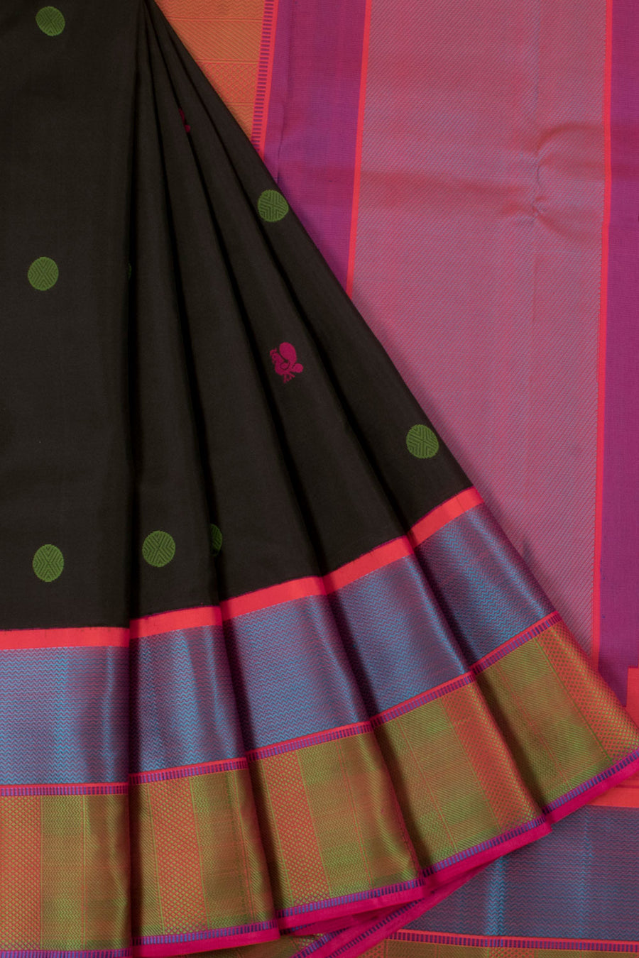 Handloom Threadwork Korvai Kanjivaram Pure Silk Saree with Peacock, Rudhraksham Motifs and Vanki Border
