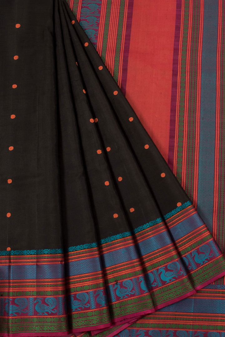 Handloom Threadwork Kanjivaram Pure Silk Saree with Rudhraksham Motifs and Peacock, Kuyil Kann Border