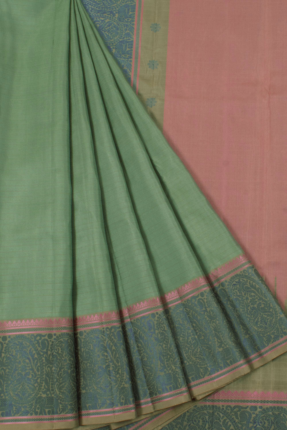 Handloom Threadwork Kanjivaram Pure Silk Saree with Stripes Design and Paisley, Elephant Border